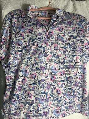Coral Bay Polo Shirt Size L Floral Paisley Pink Blue White Short Sleeve